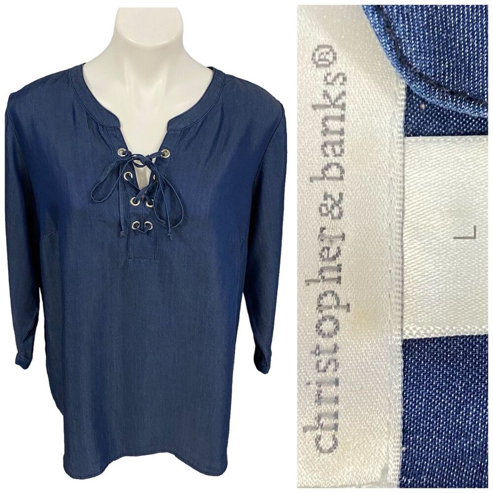Christopher & Banks Top Womens Large Chambray Lattice Shirt Work Office Casual